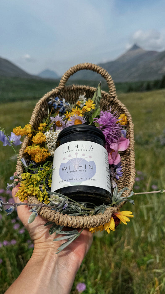 A hand holding a woven basket with a jar of TÉHUA WITHIN herbal tea among wildflowers in Waterton National Park, in the Canadian Rockies.